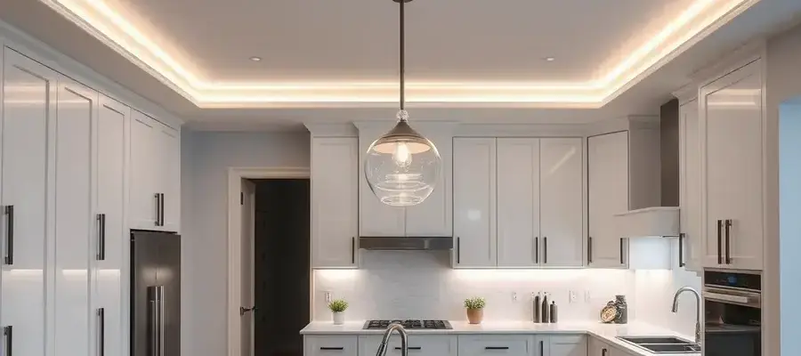 Modern kitchen with recessed lighting and pendant fixtures